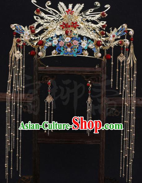 Traditional Chinese Wedding Golden Phoenix Coronet Luxury Hair Accessories Ancient Bride Hairpins Complete Set for Women