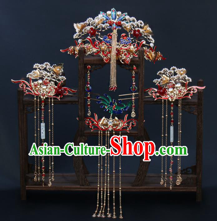 Traditional Chinese Wedding Pine Phoenix Coronet Luxury Hair Accessories Ancient Bride Hairpins Complete Set for Women