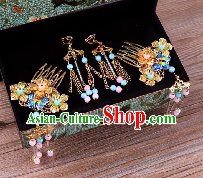 Traditional Chinese Wedding Blueing Hair Comb Luxury Hair Accessories Ancient Bride Hairpins Complete Set for Women