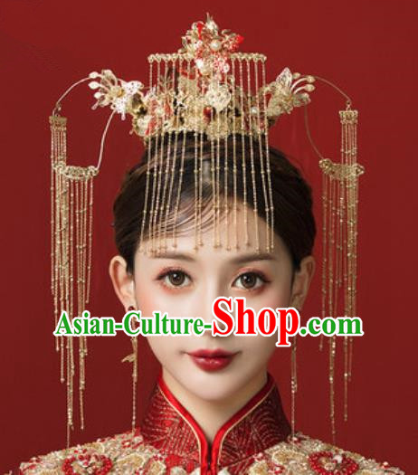 Traditional Chinese Wedding Red Butterfly Phoenix Coronet Hair Accessories Ancient Bride Tassel Hairpins Complete Set for Women