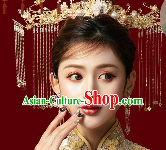 Traditional Chinese Ginkgo Wedding Phoenix Coronet Hair Accessories Ancient Bride Tassel Hairpins Complete Set