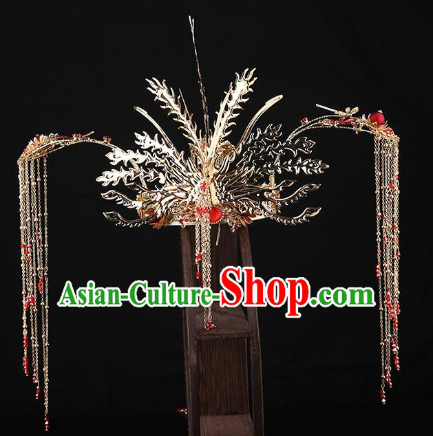 Traditional Chinese Wedding Golden Phoenix Coronet Hair Accessories Ancient Bride Tassel Hairpins Complete Set