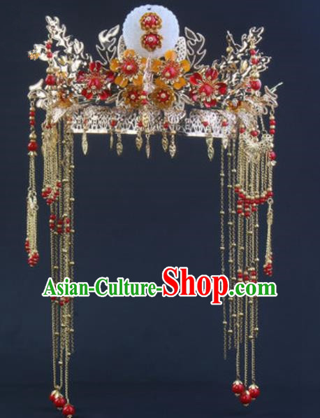 Traditional Chinese Handmade Wedding Jade Phoenix Coronet Ancient Bride Hairpins Luxury Hair Accessories Complete Set