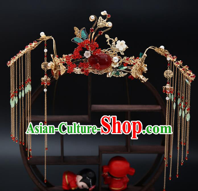 Traditional Chinese Wedding Luxury Red Phoenix Coronet Hair Accessories Ancient Bride Hairpins Complete Set