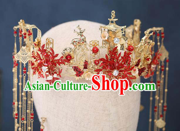 Traditional Chinese Wedding Red Leaf Phoenix Coronet Handmade Ancient Bride Hairpins Hair Accessories Complete Set