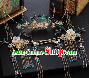 Traditional Chinese Wedding Handmade Blueing Birds Phoenix Coronet Ancient Bride Hairpins Hair Accessories Complete Set