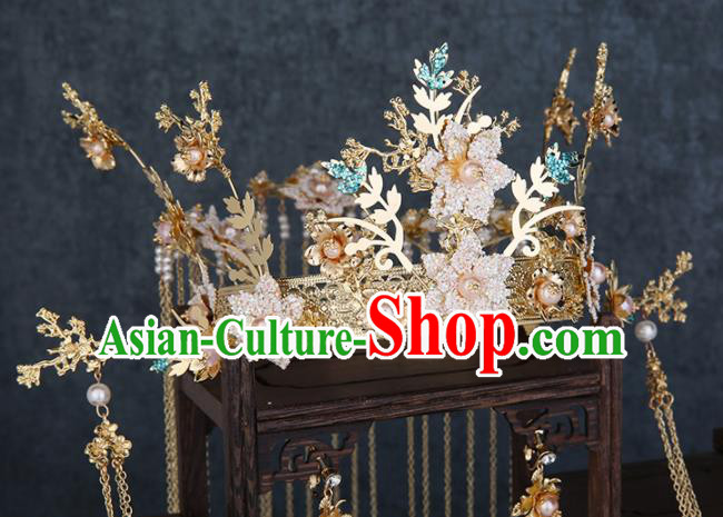Traditional Chinese Wedding Handmade Flowers Phoenix Coronet Ancient Bride Hairpins Hair Accessories Complete Set