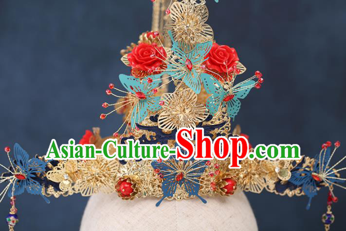 Traditional Chinese Wedding Handmade Red Roses Phoenix Coronet Ancient Bride Hairpins Hair Accessories Complete Set