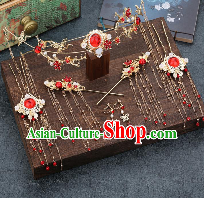 Traditional Chinese Wedding Handmade Red Crystal Hair Clasp Ancient Bride Hairpins Hair Accessories Complete Set