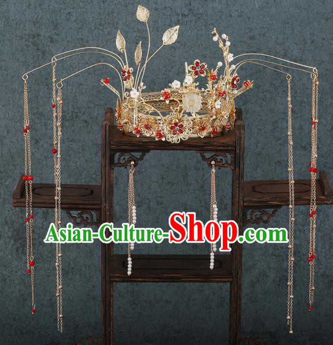 Traditional Chinese Wedding Handmade Golden Leaf Phoenix Coronet Ancient Bride Hairpins Hair Accessories Complete Set
