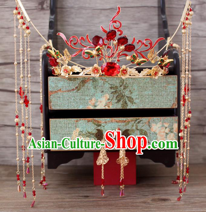 Traditional Chinese Wedding Handmade Red Phoenix Coronet Ancient Bride Hairpins Hair Accessories Complete Set