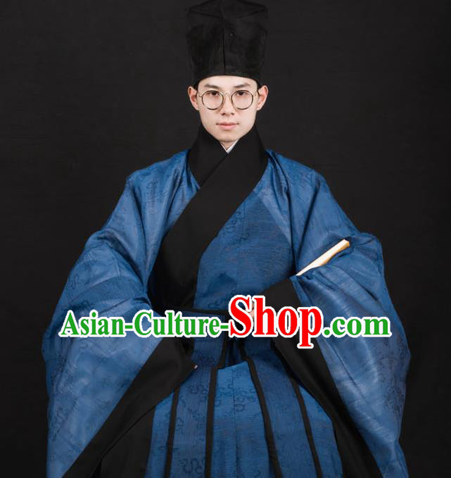 Traditional Chinese Ming Dynasty Scholar Replica Costumes Ancient Taoist Priest Blue Hanfu Clothing for Men