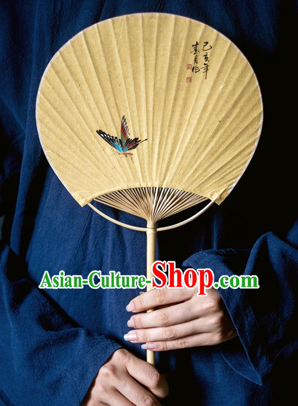 Traditional Chinese Handmade Yellow Paper Palace Fans Ink Painting Butterfly Fans