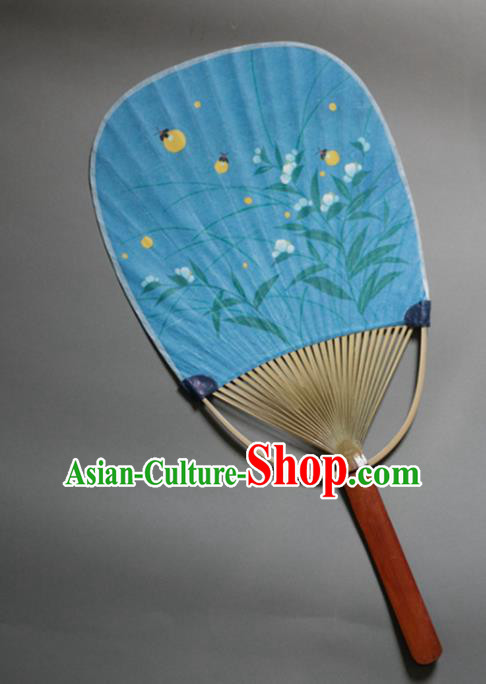 Traditional Chinese Handmade Printing Glowworm Blue Paper Palace Fans Bamboo Fans