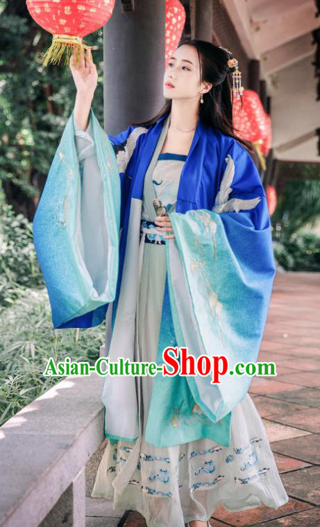 Traditional Chinese Ming Dynasty Royal Princess Replica Costumes Ancient Imperial Concubine Blue Hanfu Dress for Women