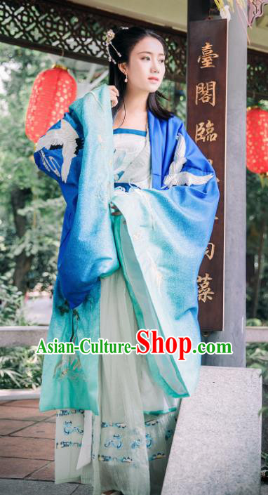 Traditional Chinese Ming Dynasty Royal Princess Replica Costumes Ancient Imperial Concubine Blue Hanfu Dress for Women