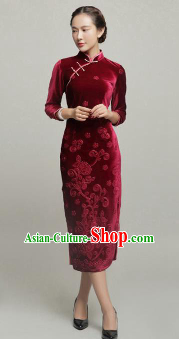 Chinese Traditional Classical Purplish Red Velvet Cheongsam National Tang Suit Qipao Dress for Women