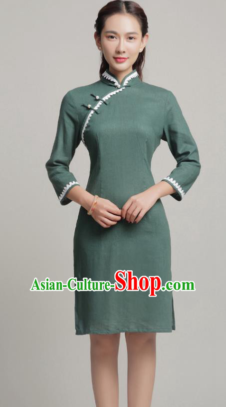 Chinese Traditional Classical Olive Green Short Cheongsam National Tang Suit Qipao Dress for Women