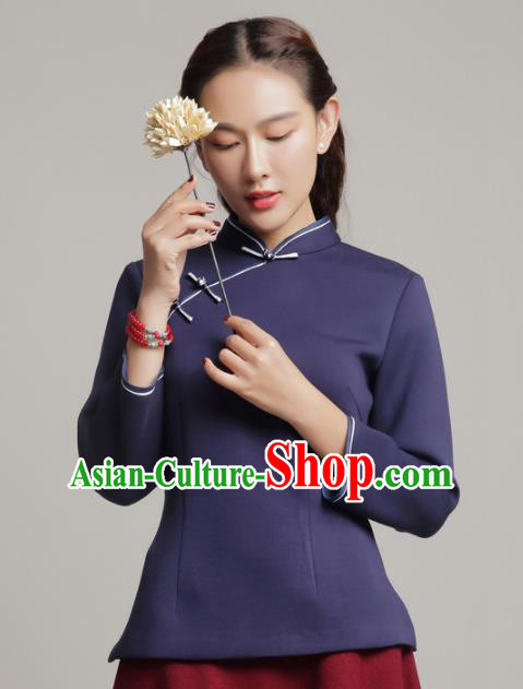 Chinese Traditional Tang Suit Navy Blouse Classical National Shirt Upper Outer Garment for Women
