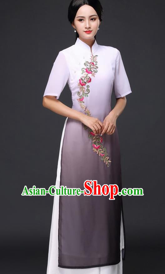 Traditional Chinese Classical Dance Grey Cheongsam National Costume Tang Suit Qipao Dress for Women