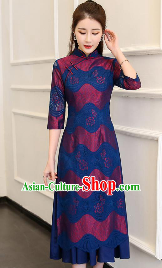 Traditional Chinese Classical Dance Deep Blue Cheongsam National Costume Tang Suit Qipao Dress for Women