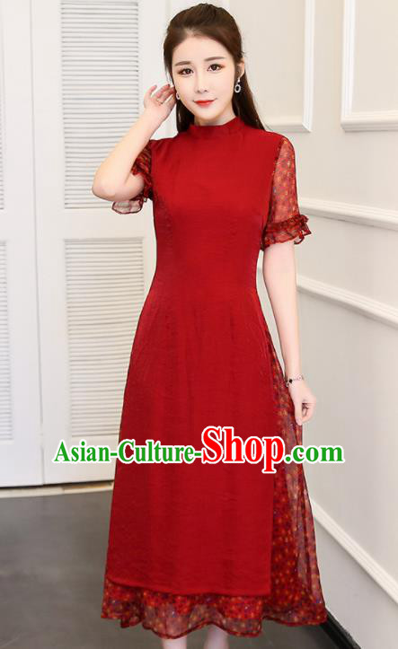 Traditional Chinese Classical Red Cheongsam National Costume Tang Suit Qipao Dress for Women