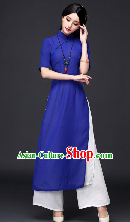 Traditional Chinese Classical Royalblue Veil Cheongsam National Costume Tang Suit Qipao Dress for Women