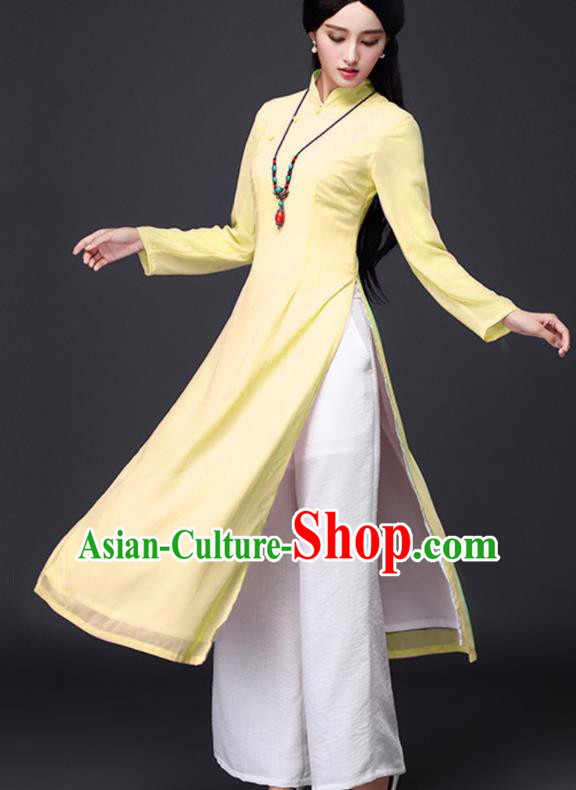 Traditional Chinese Classical Yellow Veil Cheongsam National Costume Tang Suit Qipao Dress for Women