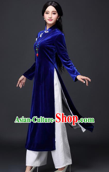 Traditional Chinese Classical Royalblue Velvet Cheongsam National Costume Tang Suit Qipao Dress for Women