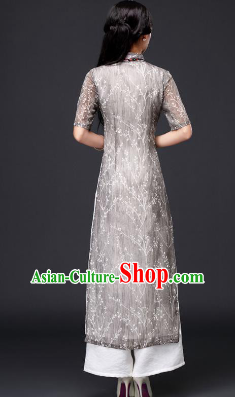 Traditional Chinese Classical Grey Organza Cheongsam National Costume Tang Suit Qipao Dress for Women