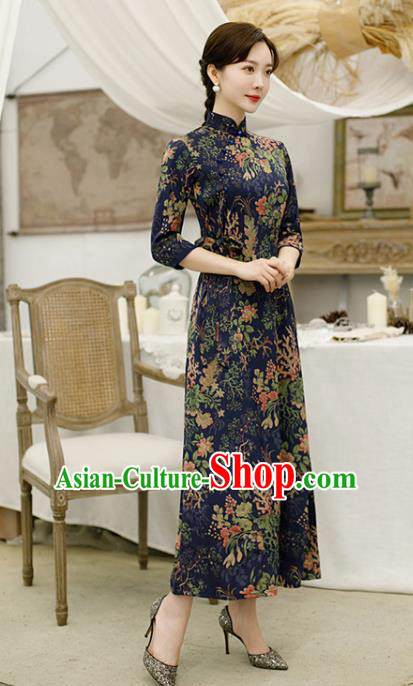Traditional Chinese Classical Deep Blue Cheongsam National Costume Tang Suit Qipao Dress for Women