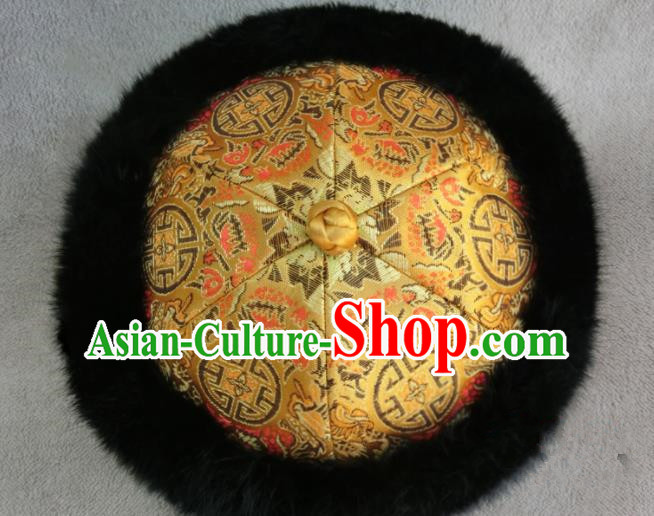 Chinese Ancient Drama Emperor Winter Hat Traditional Qing Dynasty Royal Highness Headwear for Men