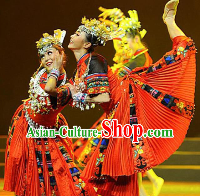 Traditional Chinese Miao Nationality Dance Costume Ethnic Stage Show Red Dress for Women