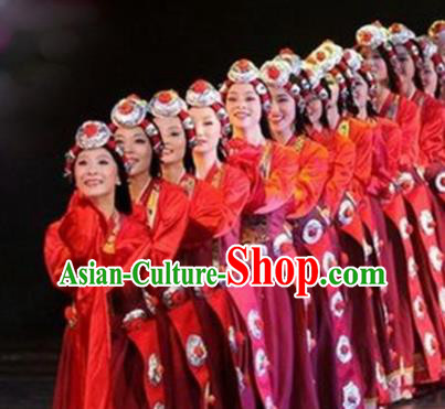 Traditional Chinese Zang Nationality Dance Costume Tibetan Ethnic Stage Show Red Dress for Women