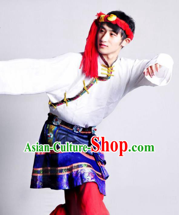 Chinese Traditional Zang Nationality Dance White Costume Tibetan Ethnic Folk Dance Stage Show Clothing for Men
