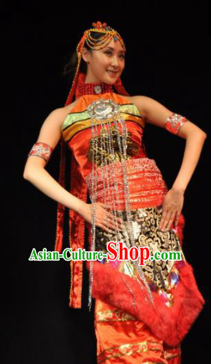 Traditional Chinese Zang Nationality Red Dress Tibetan Ethnic Dance Stage Show Costume for Women