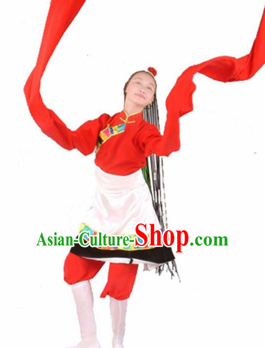 Traditional Chinese Zang Nationality Water Sleeve Dress Tibetan Ethnic Dance Stage Show Costume for Women