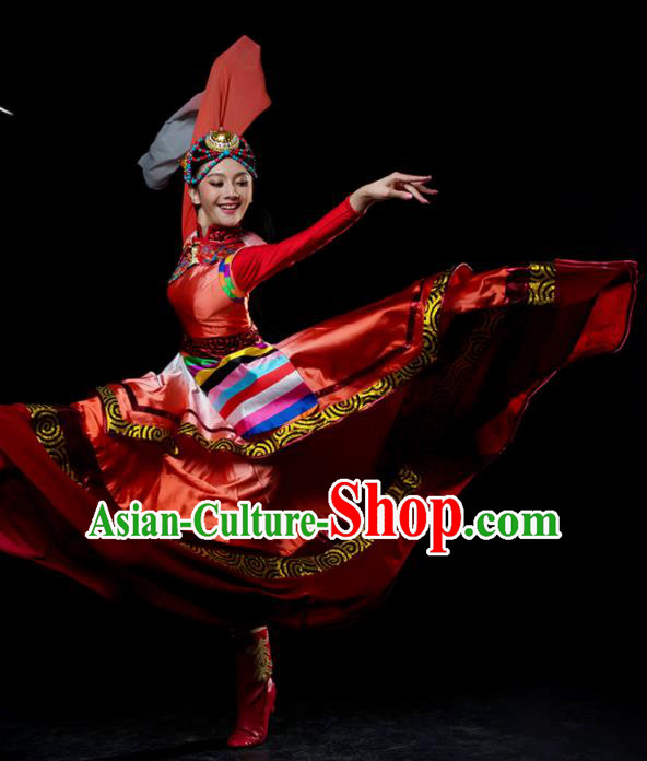 Traditional Chinese Zang Nationality Dance Red Dress Tibetan Ethnic Dance Stage Show Costume for Women