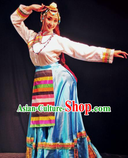 Traditional Chinese Zang Nationality Dance Blue Dress Tibetan Ethnic Dance Stage Show Costume for Women