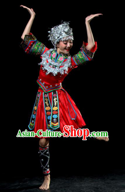 Traditional Chinese Miao Nationality Dance Red Dress Hmong Ethnic Dance Stage Show Costume for Women