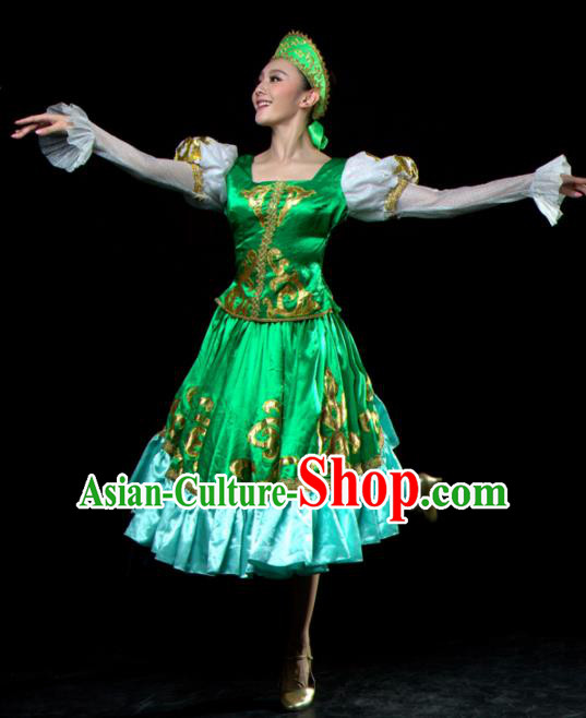 Professional Russia Dance Costume Russian Dance Stage Show Green Dress for Women