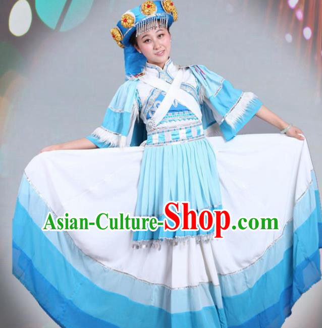 Traditional Chinese Naxi Nationality Dance White Costume Ethnic Stage Show Dress for Women