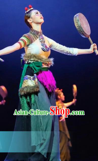 Traditional Chinese Zang Nationality Dance Green Dress Tibetan Ethnic Dance Stage Show Costume for Women