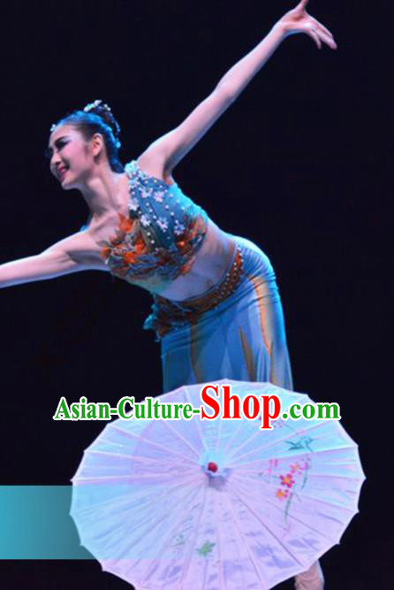 Traditional Chinese Dai Nationality Dance Blue Dress Ethnic Umbrella Dance Stage Show Costume for Women