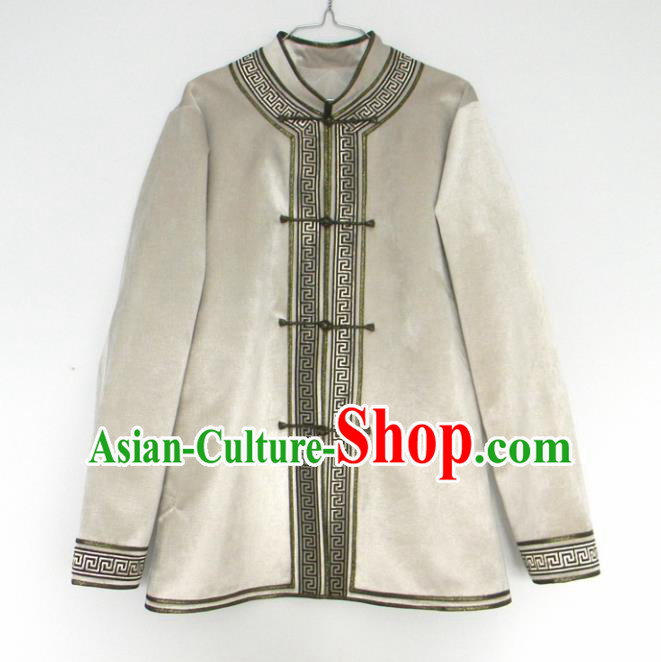 Chinese Traditional Mongol Nationality Winter Costume Mongolian Ethnic Beige Jacket for Men