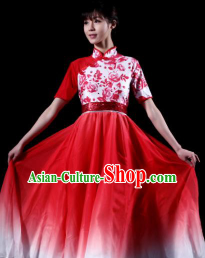 Chinese Classical Dance Chorus Costume Traditional Stage Show Fan Dance Red Dress for Women