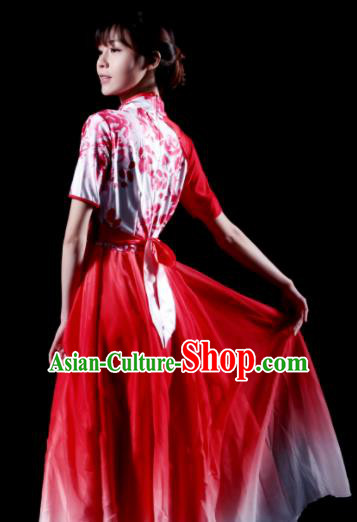 Chinese Classical Dance Chorus Costume Traditional Stage Show Fan Dance Red Dress for Women