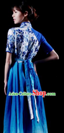 Chinese Classical Dance Chorus Costume Traditional Stage Show Fan Dance Royalblue Dress for Women