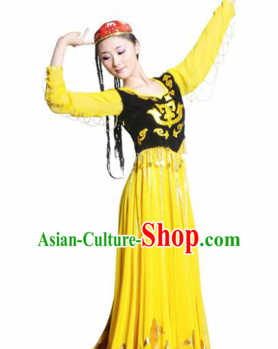 Traditional Chinese Uyghur Nationality Yellow Costume Uyghurian Ethnic Dance Stage Show Dress for Women