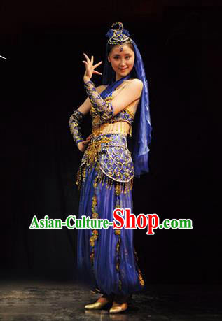 Traditional Chinese Uigurian Nationality Royalblue Costume Uyghur Ethnic Dance Stage Show Dress for Women